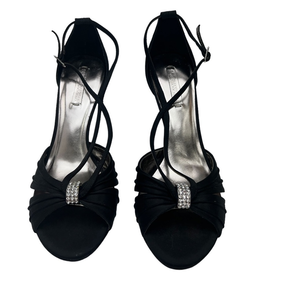 BCBGMaxAxira Olivia Black Satin Rhinestone Leather Ankle HeeL formal Sandals   9